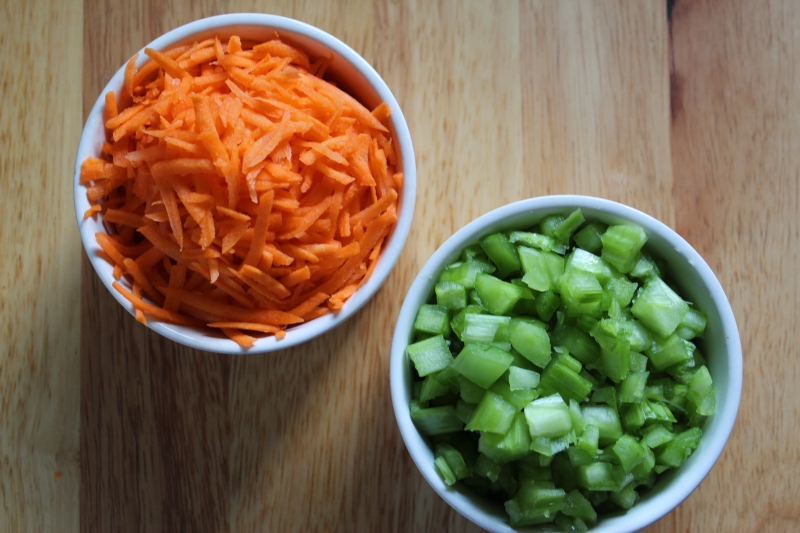 Carrots and celery for Macaroni Chicken Salad with Can Shredded Chicken
